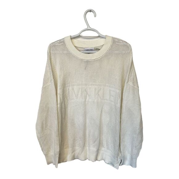 NWOT Calvin Klein | White Mesh Open Weave Logo Crewneck Pullover Sweater XL - Picture 2 of 9